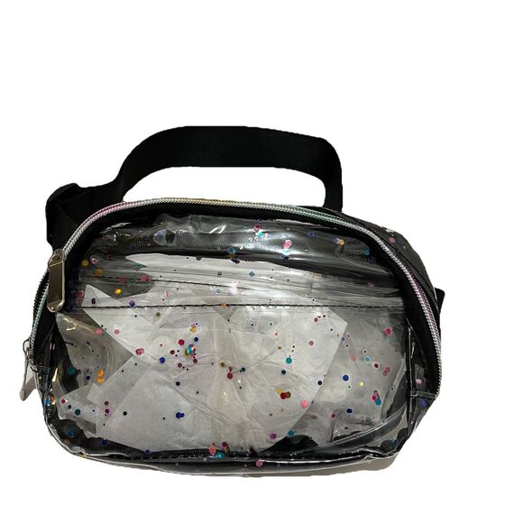 Clear Fanny Pack Belt Bag Stadium Approved Unisex Glitter Clear Black Adjustable - Picture 1 of 7